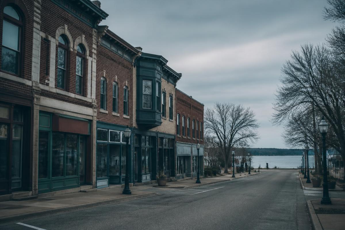 Historic brick main street in East Central Wisconsin with the lakeshore beyond
