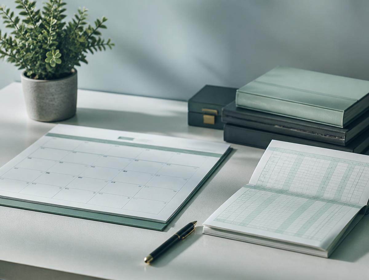 A monthly calendar, an open ledger and a pen on a tidy desk