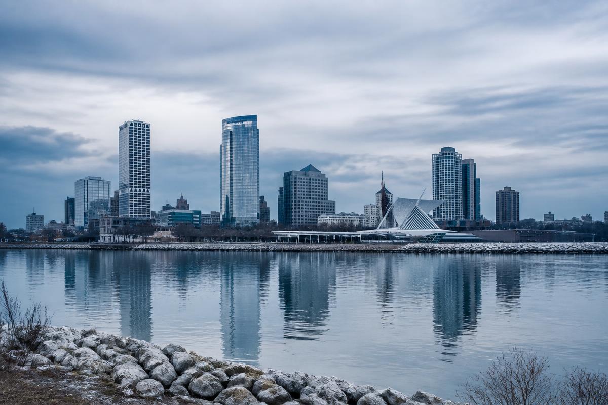Milwaukee skyline seen across the Lake Michigan lakefront
