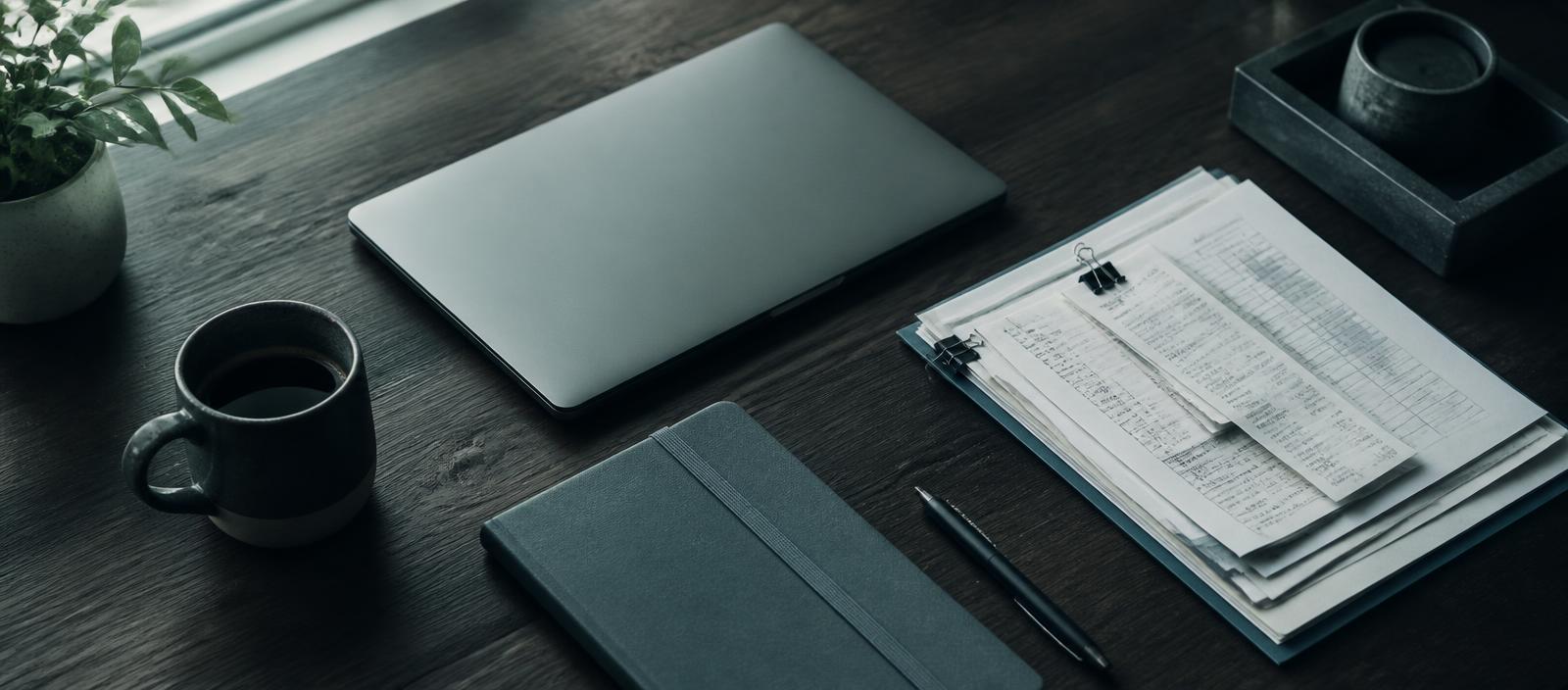 Closed laptop, reconciled financial statements, receipts and a notebook on a dark wood desk