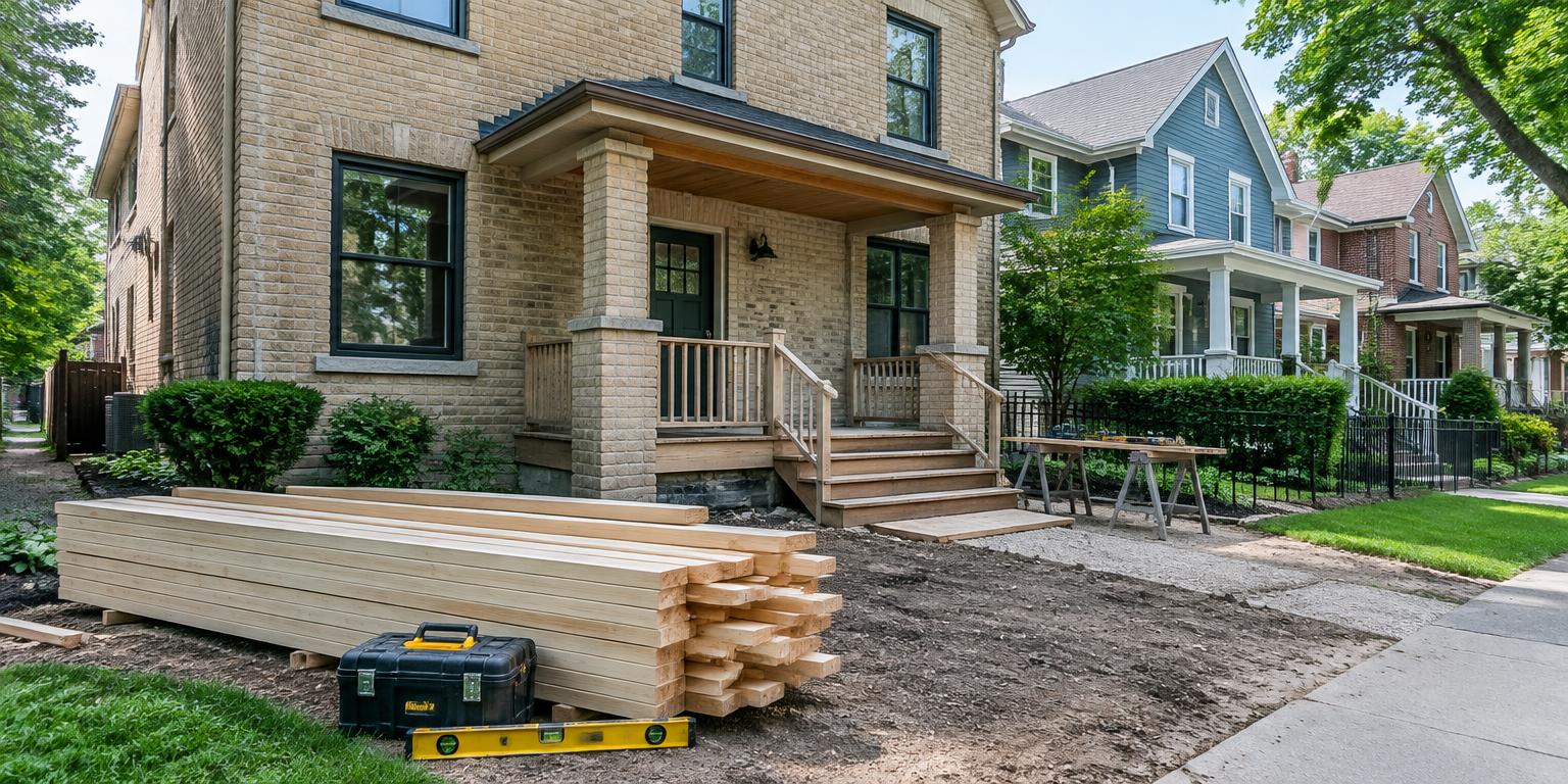 Lumber, tools, and porch renovation at a cream-brick Midwest home