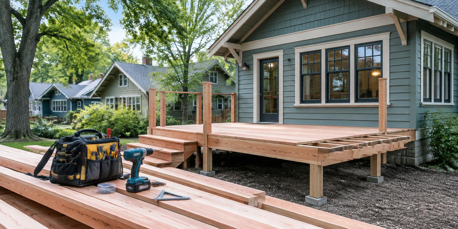 Deck construction with carpentry tools beside a Midwest craftsman home