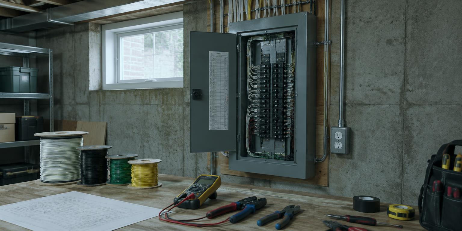 New electrical panel, wire spools, and tools in a Milwaukee-area basement
