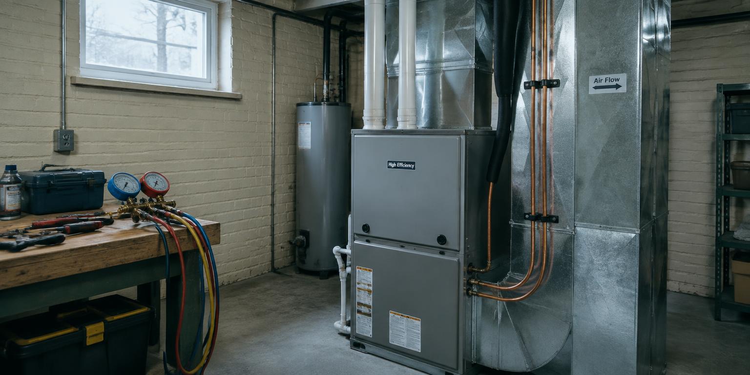 High-efficiency furnace and HVAC tools in a Milwaukee-area basement