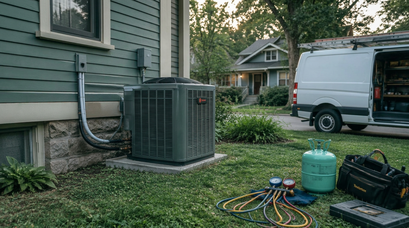 Air-conditioner condenser and refrigerant gauges beside a Twin Cities home