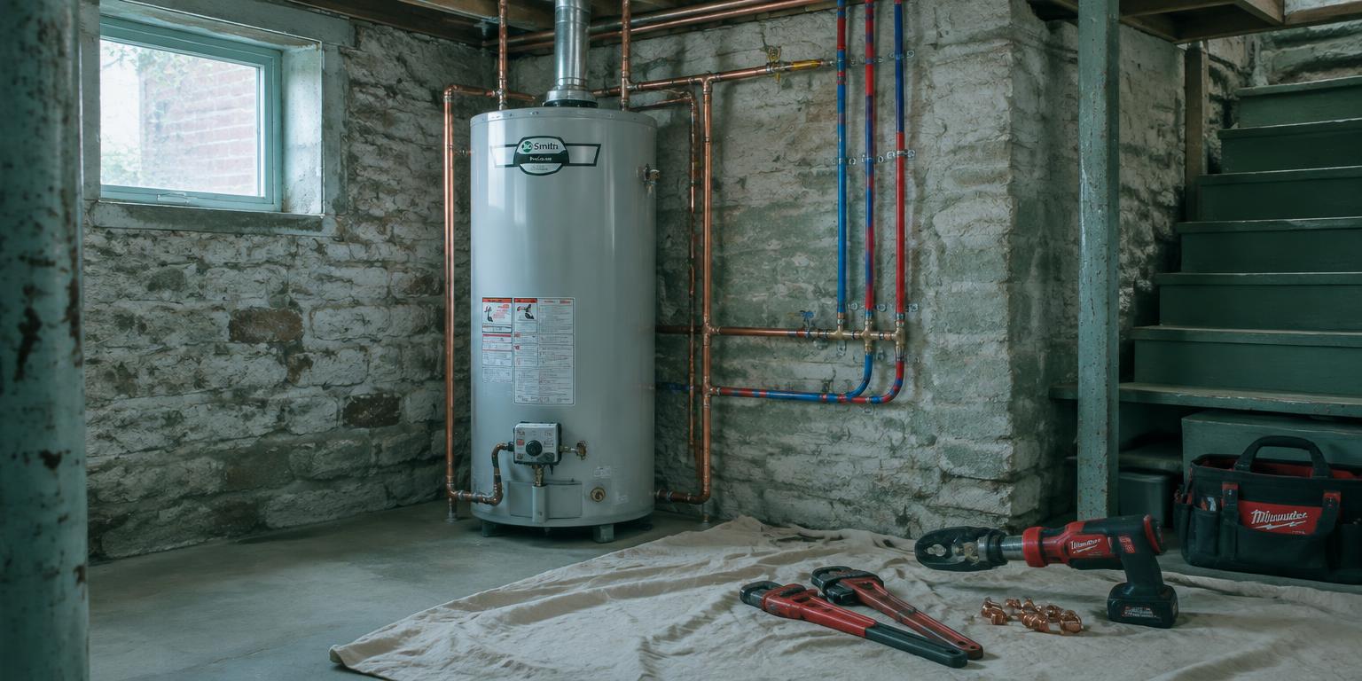 New water heater and copper piping in a Milwaukee basement